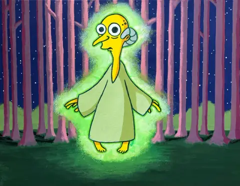 El señor Burns, iluminado, entre los árboles