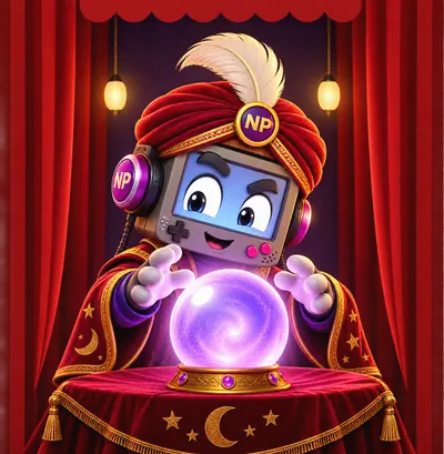 Zoltar, la mascota de Nostalgic Play vestida de adivino, con las manos sobre su bola de cristal
